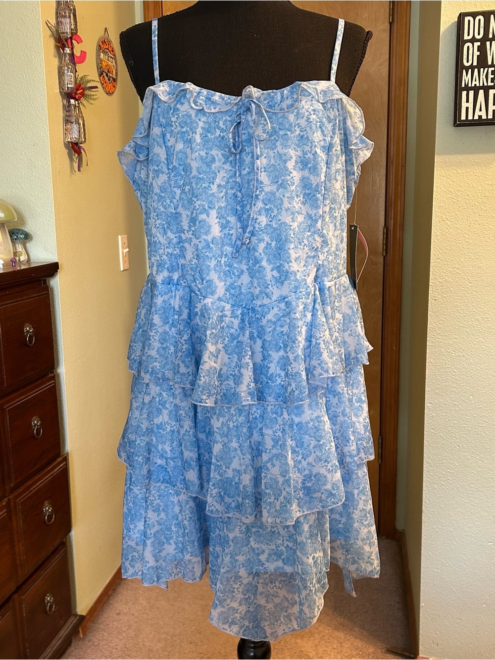 Wild Fable blue floral spaghetti strap tiered skirt mini dress size XL ruffles